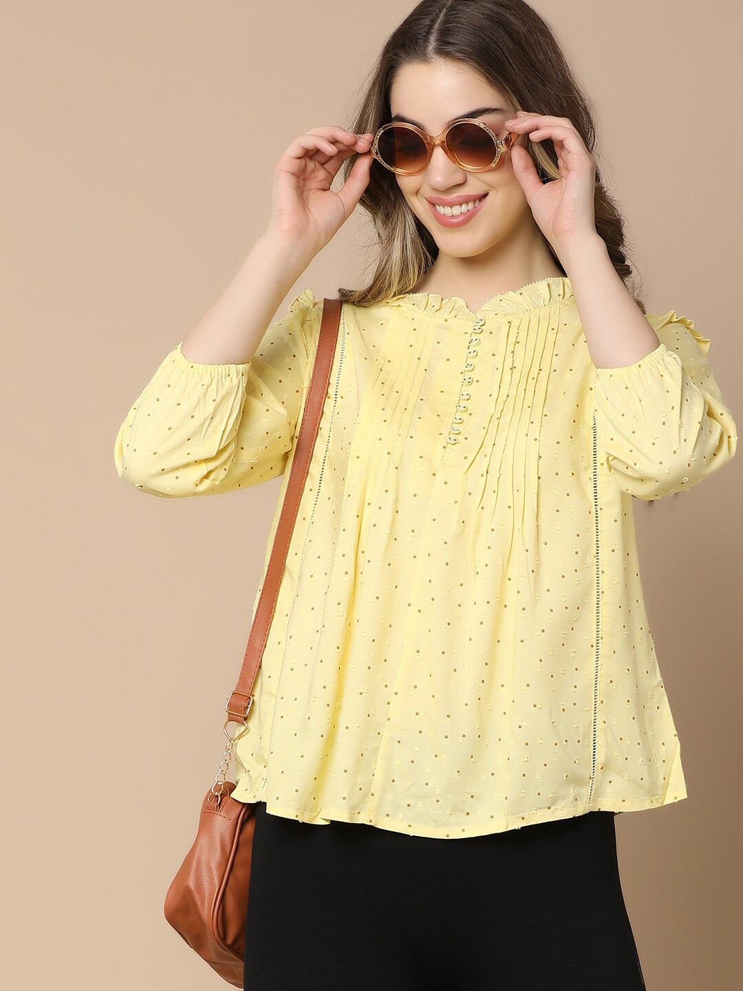 

V-Mart Geometric Printed Puff Sleeve Top, Yellow