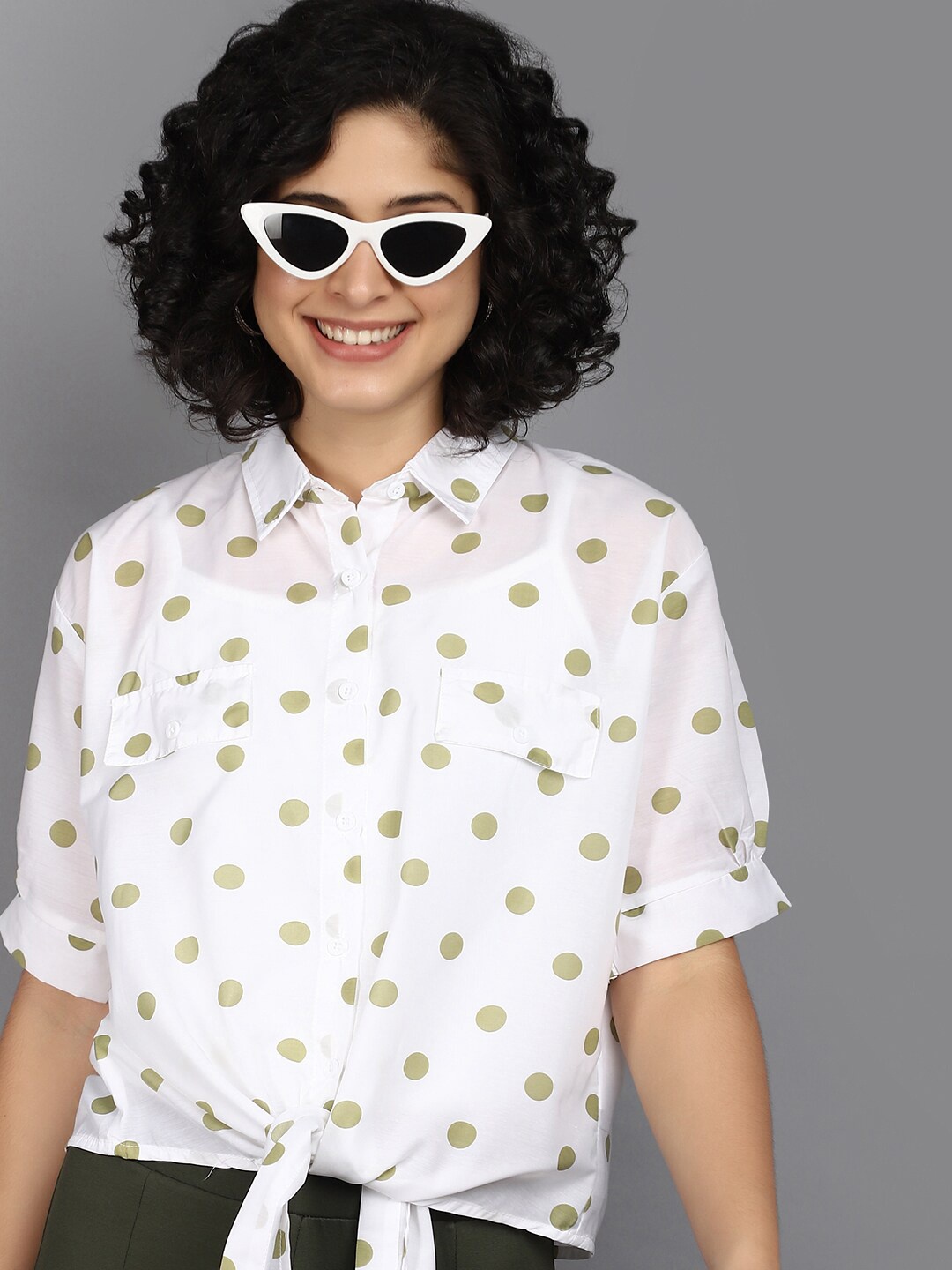 

V-Mart Polka Dot Printed Puff Sleeve Cotton Shirt Style Top, Green