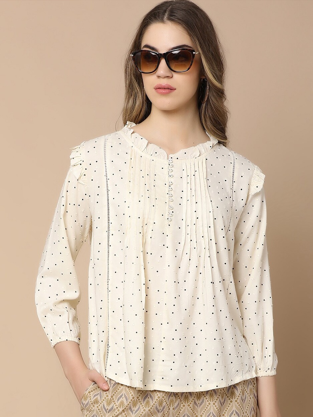 

V-Mart Geometric Printed Round Neck Top, Off white