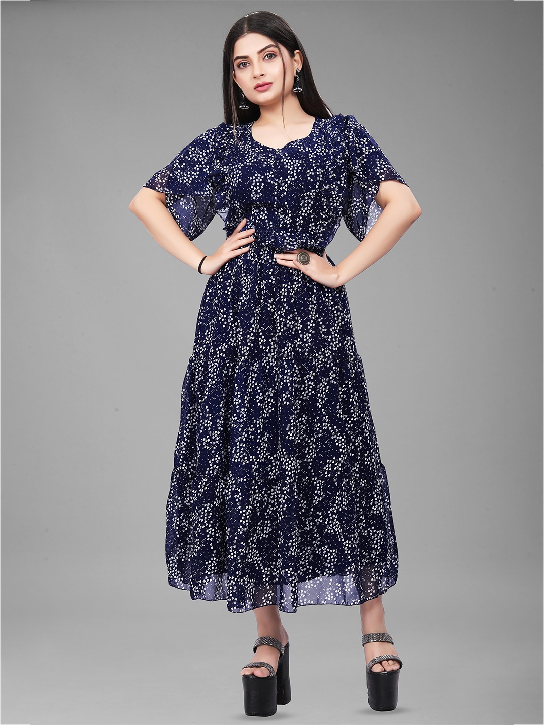 

SWAADHI Round Neck Flared Sleeves Floral Print Georgette Fit & Flare Midi Dress, Blue