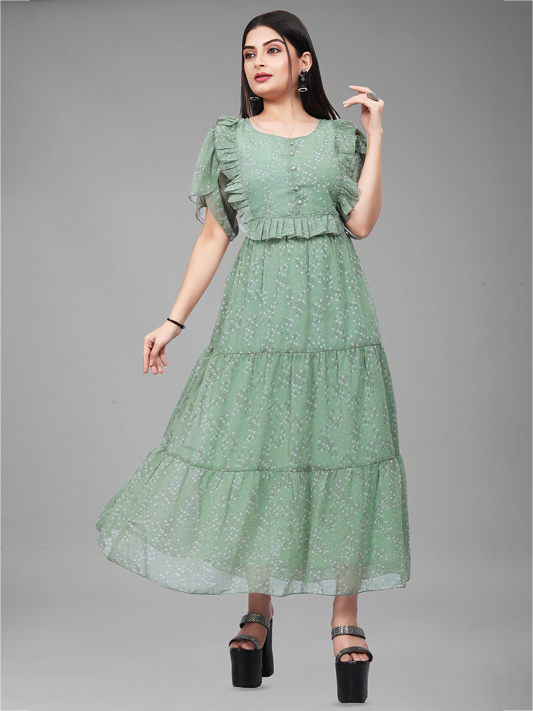 

SWAADHI Round Neck Short Sleeves Georgette Maxi Dress, Lime green