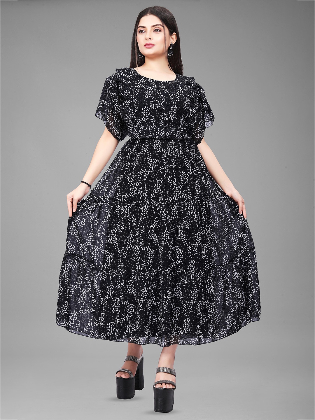 

SWAADHI Round Neck Floral Print Puff Sleeve Georgette Fit & Flare Midi Dress, Black