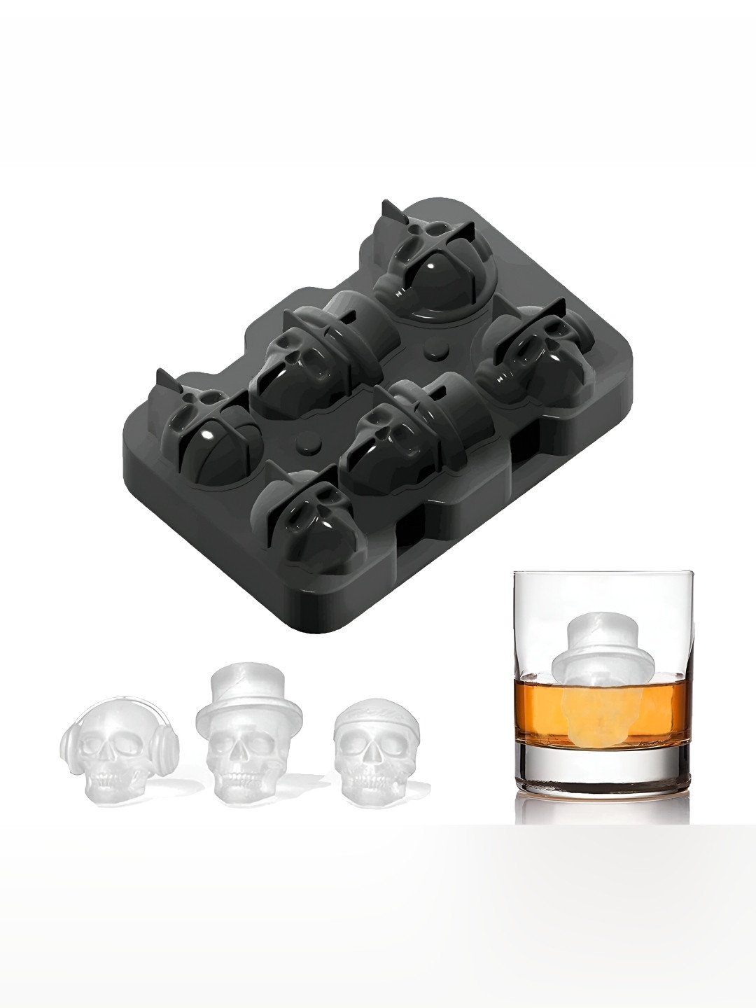 

Alexvyan Black 6 Big Skull Pop Up Ice Cube Silicon Tray with Lid
