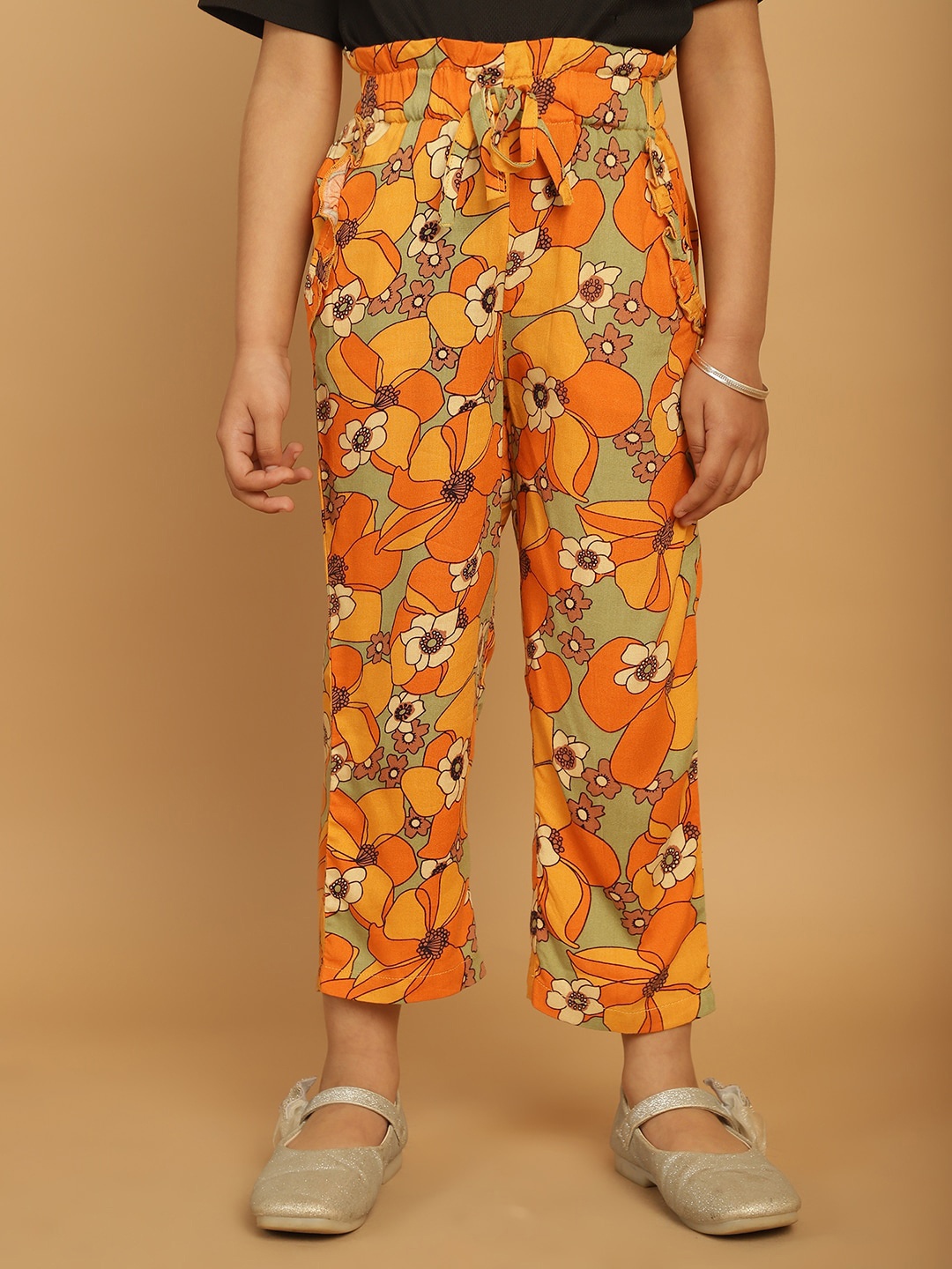 

MINI & MING Girls Floral Printed Relaxed Low-Rise Easy Wash Trousers, Yellow