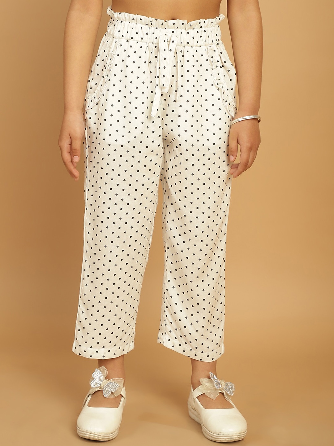 

MINI & MING Girls Polka Dots Printed Relaxed Low-Rise Easy Wash Trousers, White