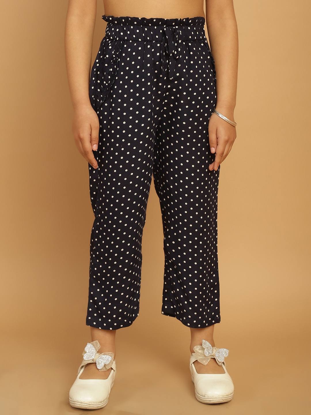 

MINI & MING Girls Polka Dot Printed Relaxed Low-Rise Easy Wash Trousers, Navy blue