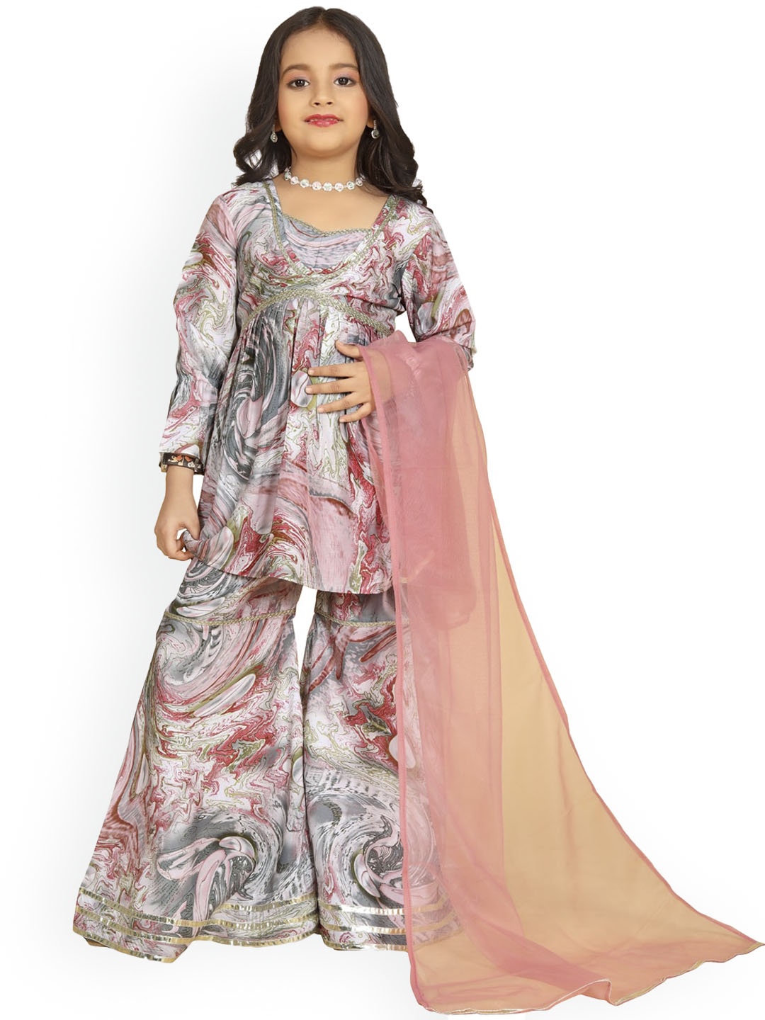 

BAESD Girls Floral Printed Pleated Gotta Patti A-Line Kurti With Sharara & Dupatta, Red