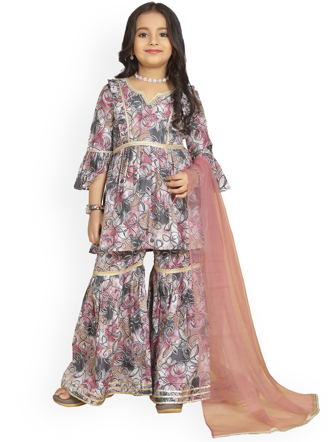 

BAESD Girls Floral Printed Regular Gotta Patti A-Line Kurti With Sharara & Dupatta, Pink