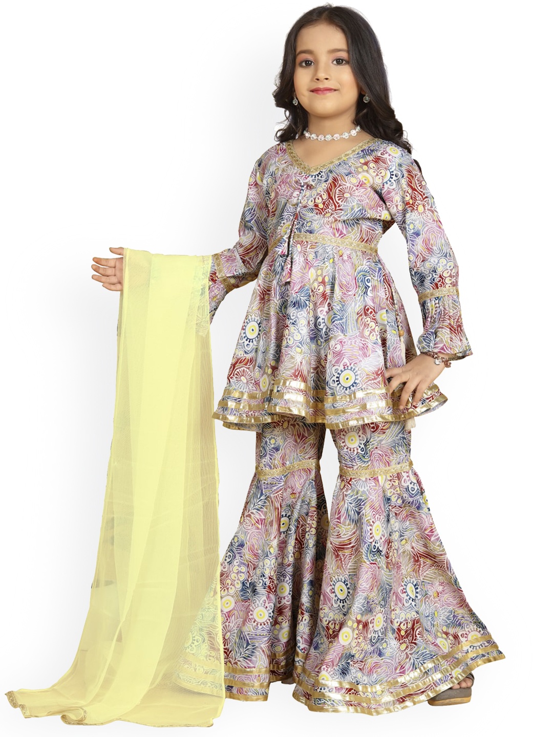 

BAESD Girls Floral Printed Regular A-Line Kurta With Sharara & Dupatta, Yellow