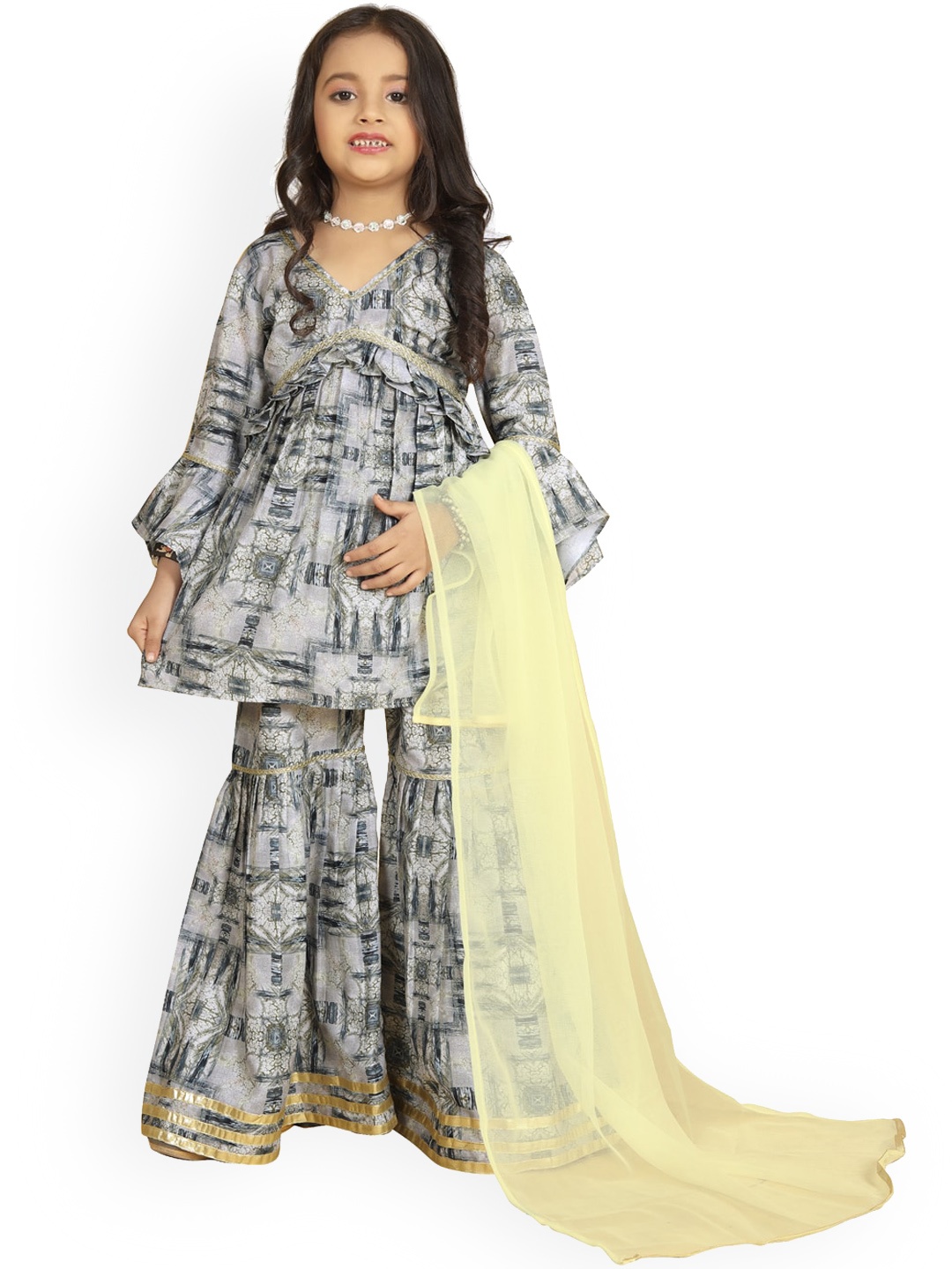 

BAESD Girls Floral Printed Pleated Gotta Patti V-Neck A-Line Kurti with Sharara & Dupatta, Grey