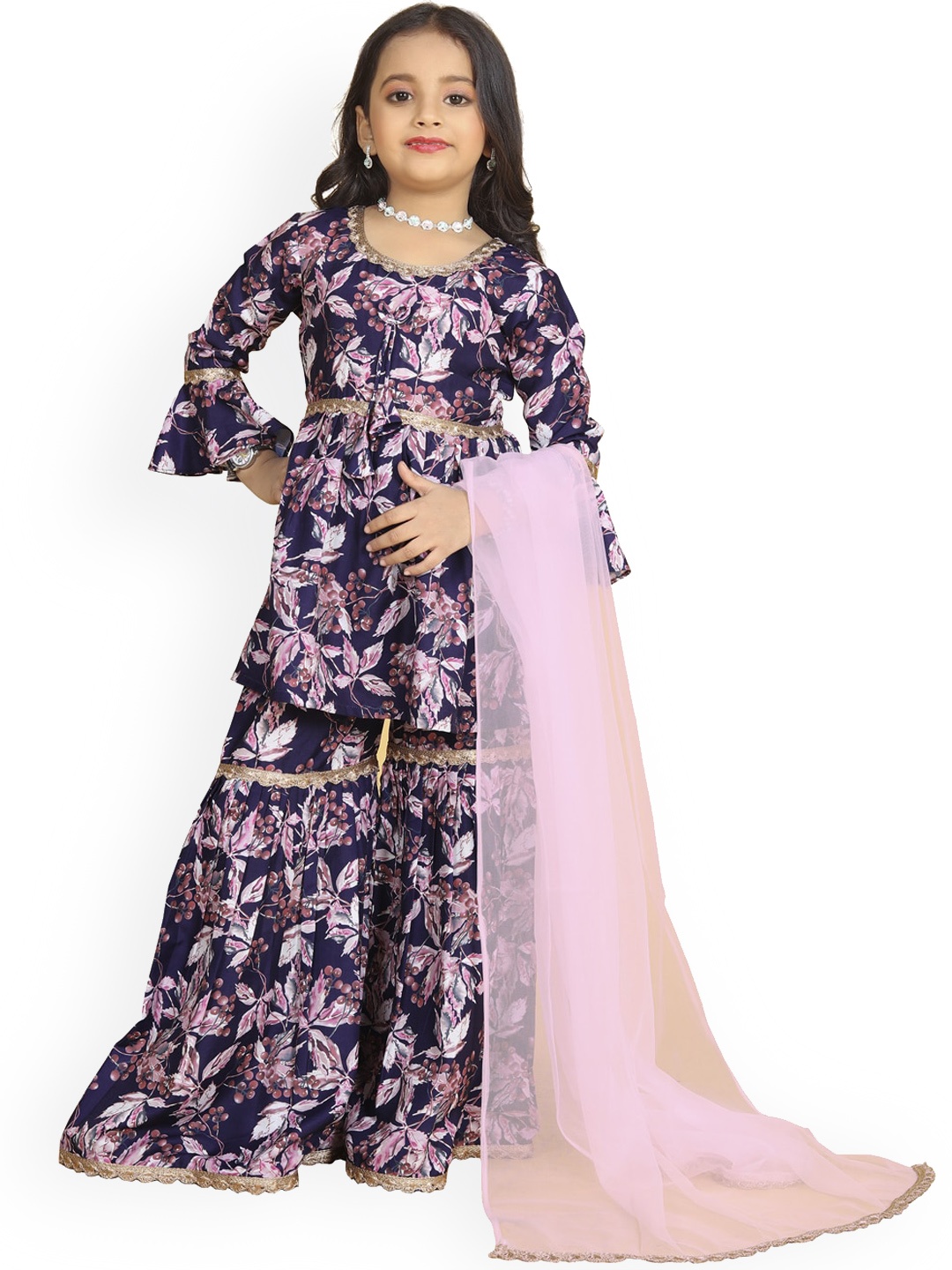 

BAESD Girls Floral Printed Regular A-Line Kurti With Sharara & Dupatta, Navy blue