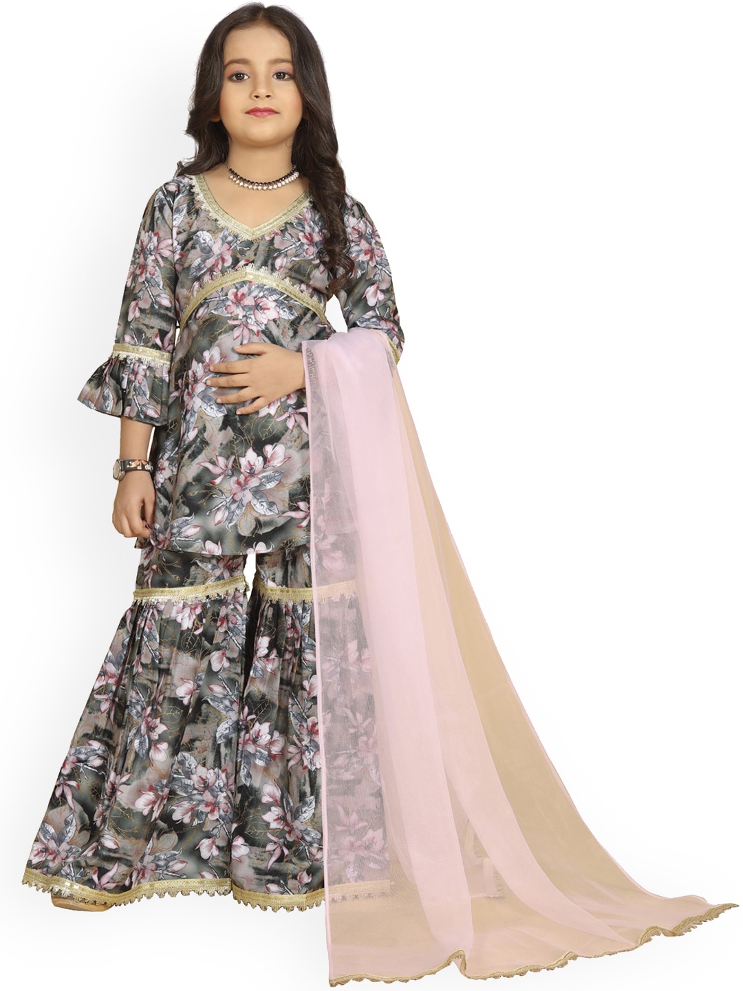 

BAESD Girls Floral Printed Regular Gotta Patti A-Line Kurti With Sharara & Dupatta, Black