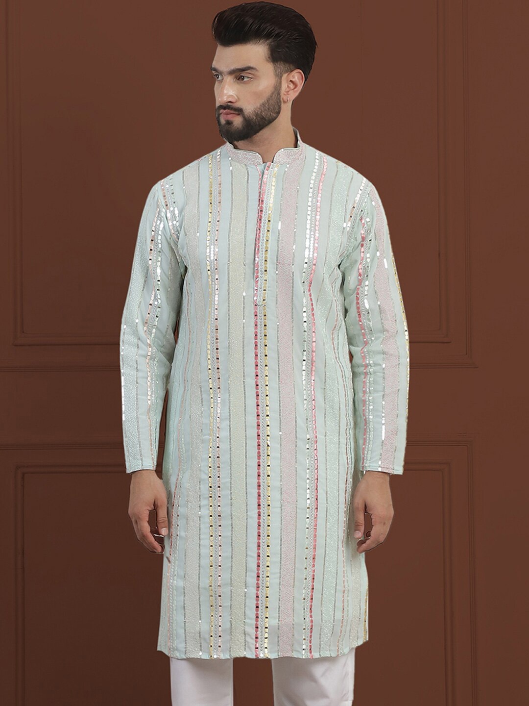 SOJANYA LUXE Striped Embellished Pure Georgette Kurta, Sea green