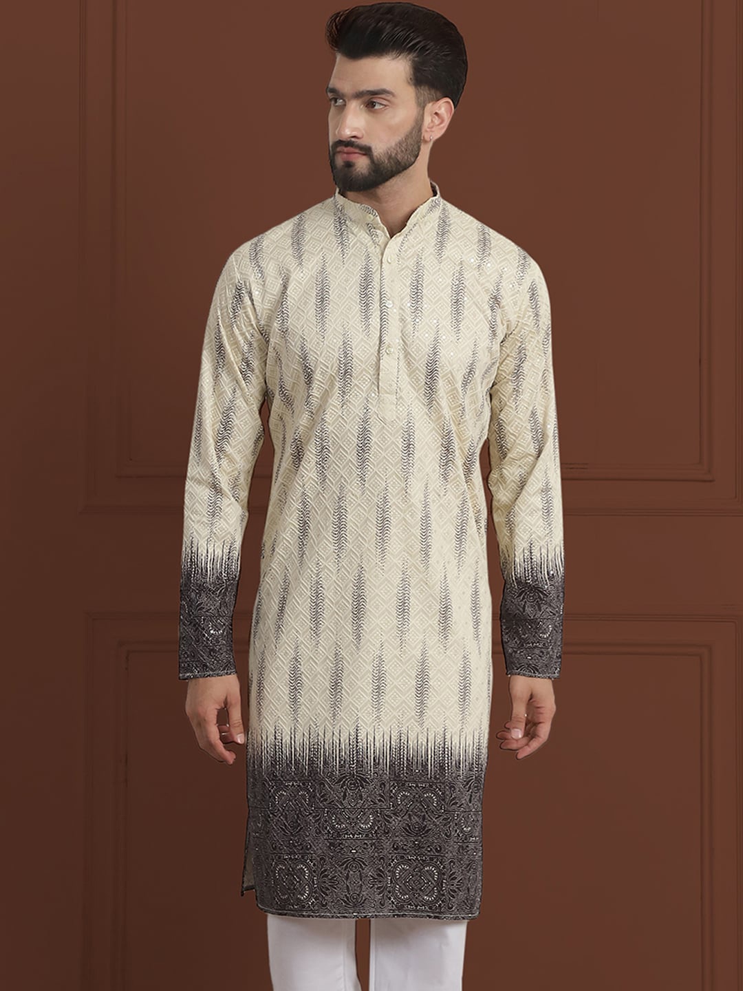 

SOJANYA LUXE Geometric Embroidered Sequinned Mandarin Collar Cotton Straight Kurta, Beige