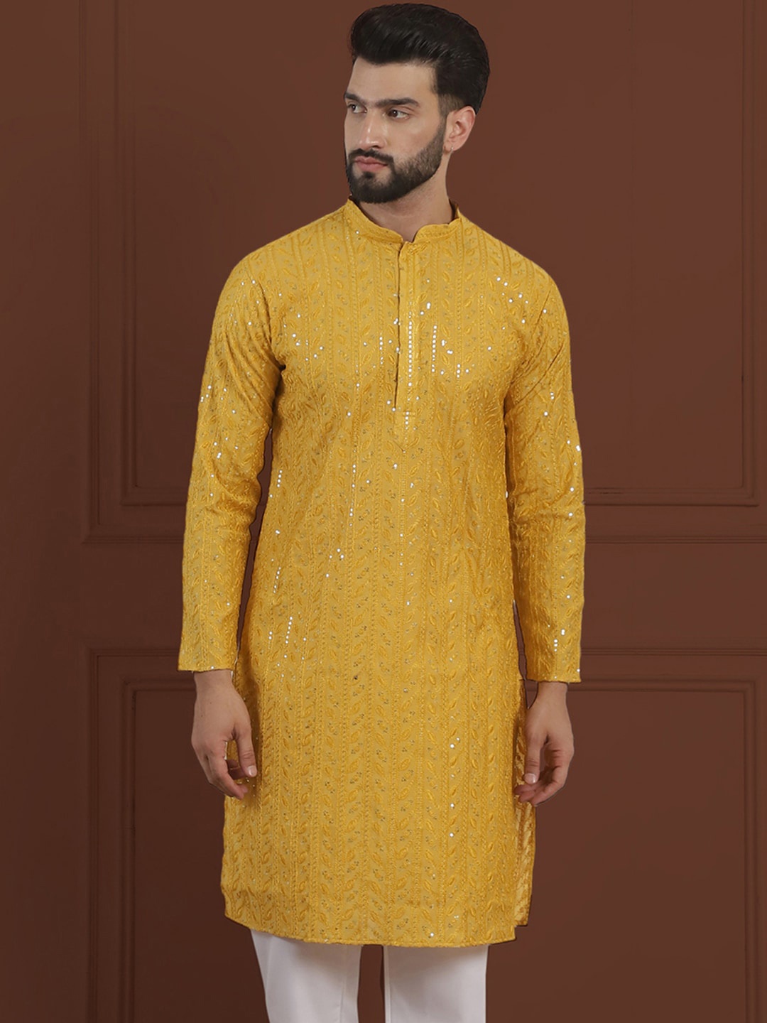 

SOJANYA LUXE Floral Embroidered Sequinned Mandarin Collar Cotton Silk Straight Kurta, Yellow