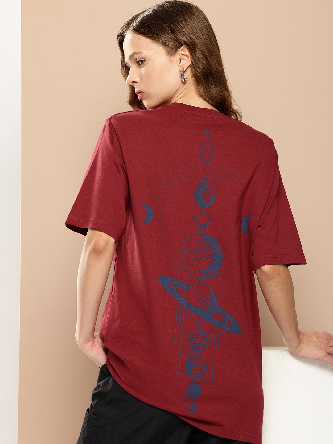 

Difference of Opinion Women Graphic Printed Applique Oversized T-shirt, Maroon