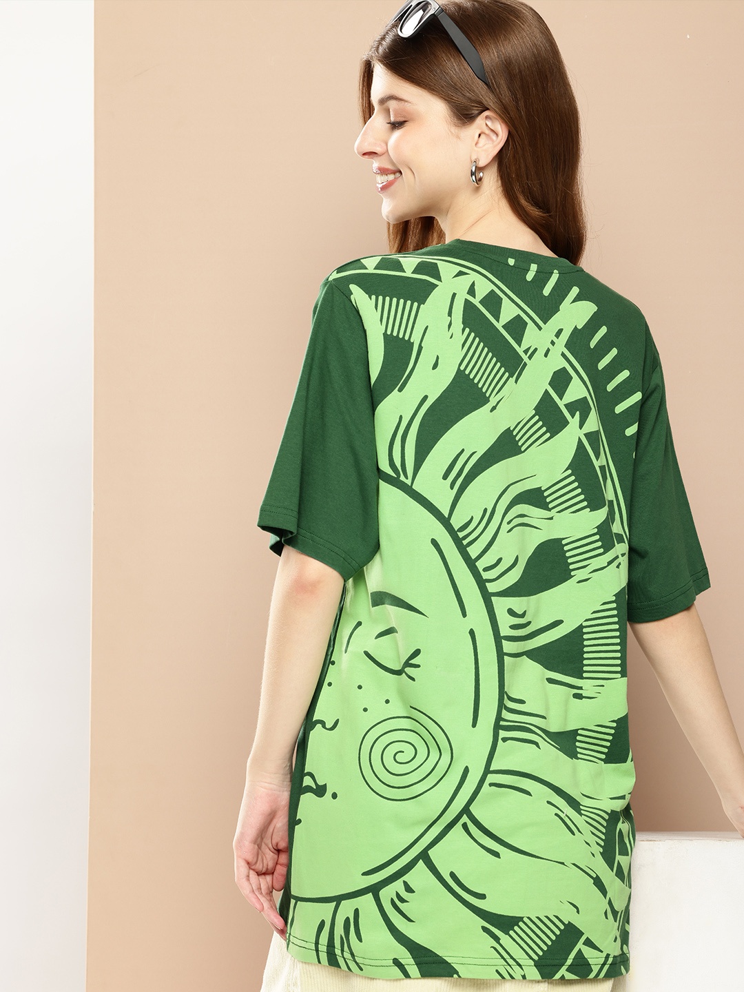 

Difference of Opinion Women Graphic Printed Applique Oversized T-shirt, Green