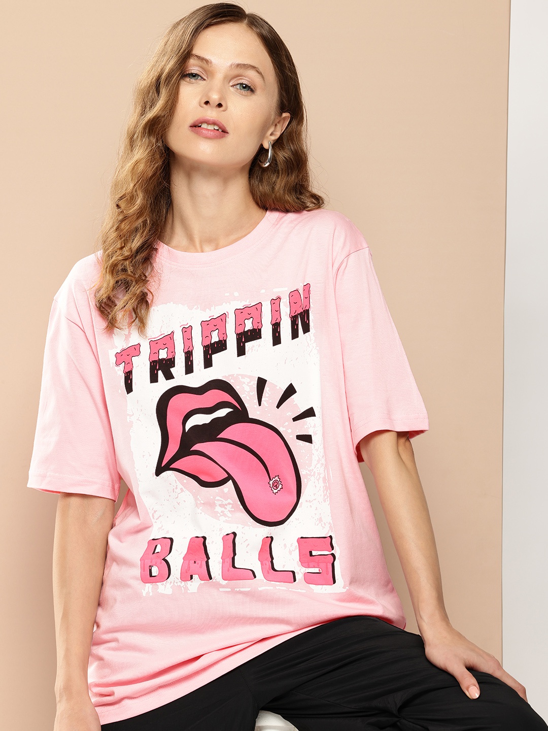 

Difference of Opinion Women Graphic Printed Oversized T-shirt, Pink