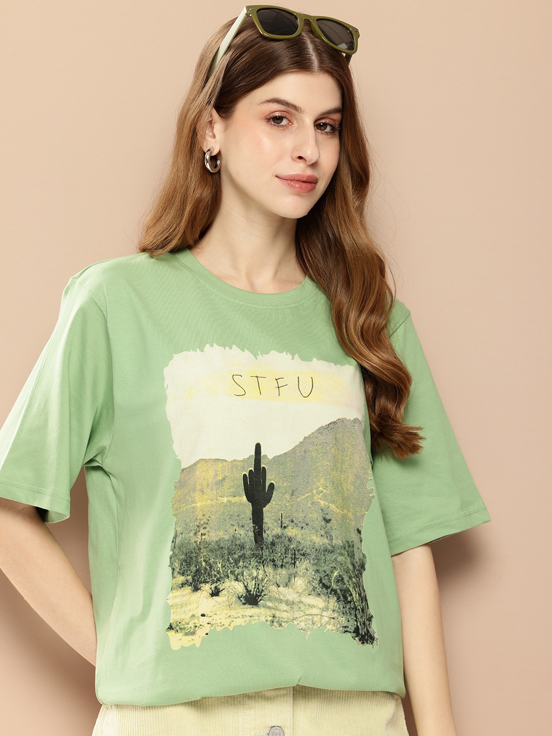 

Difference of Opinion Women Graphic Printed Oversized T-shirt, Green