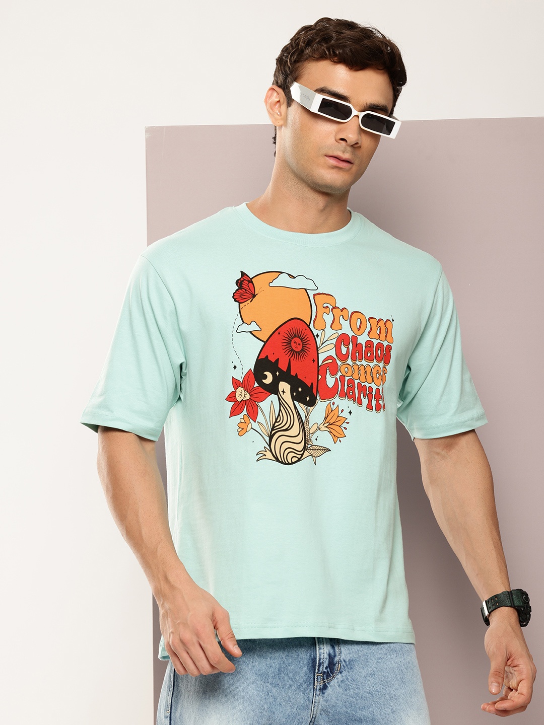 

DILLINGER Men Graphic Printed Oversized T-shirt, Turquoise blue