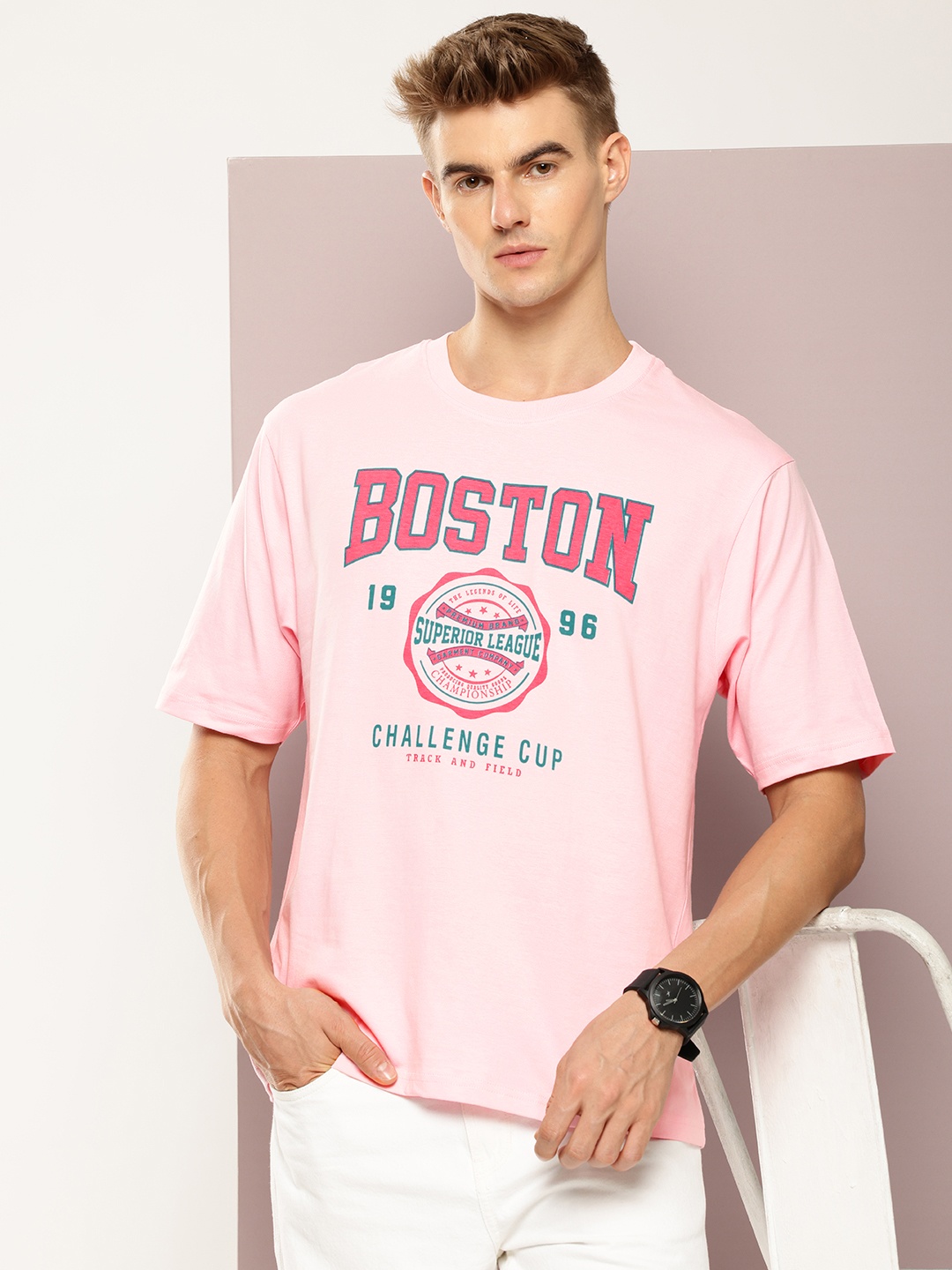 

DILLINGER Men Typography Printed Oversized T-shirt, Pink