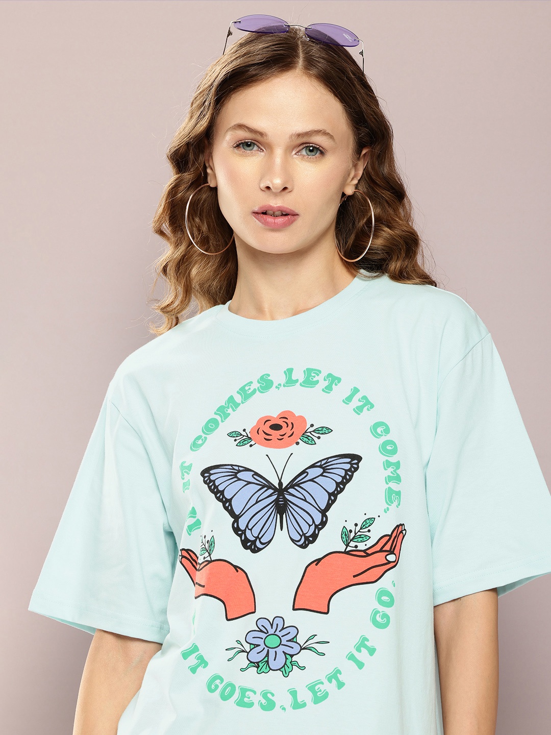 

DILLINGER Printed Oversized Drop-Shoulder Sleeves Pure Cotton T-shirt, Turquoise blue
