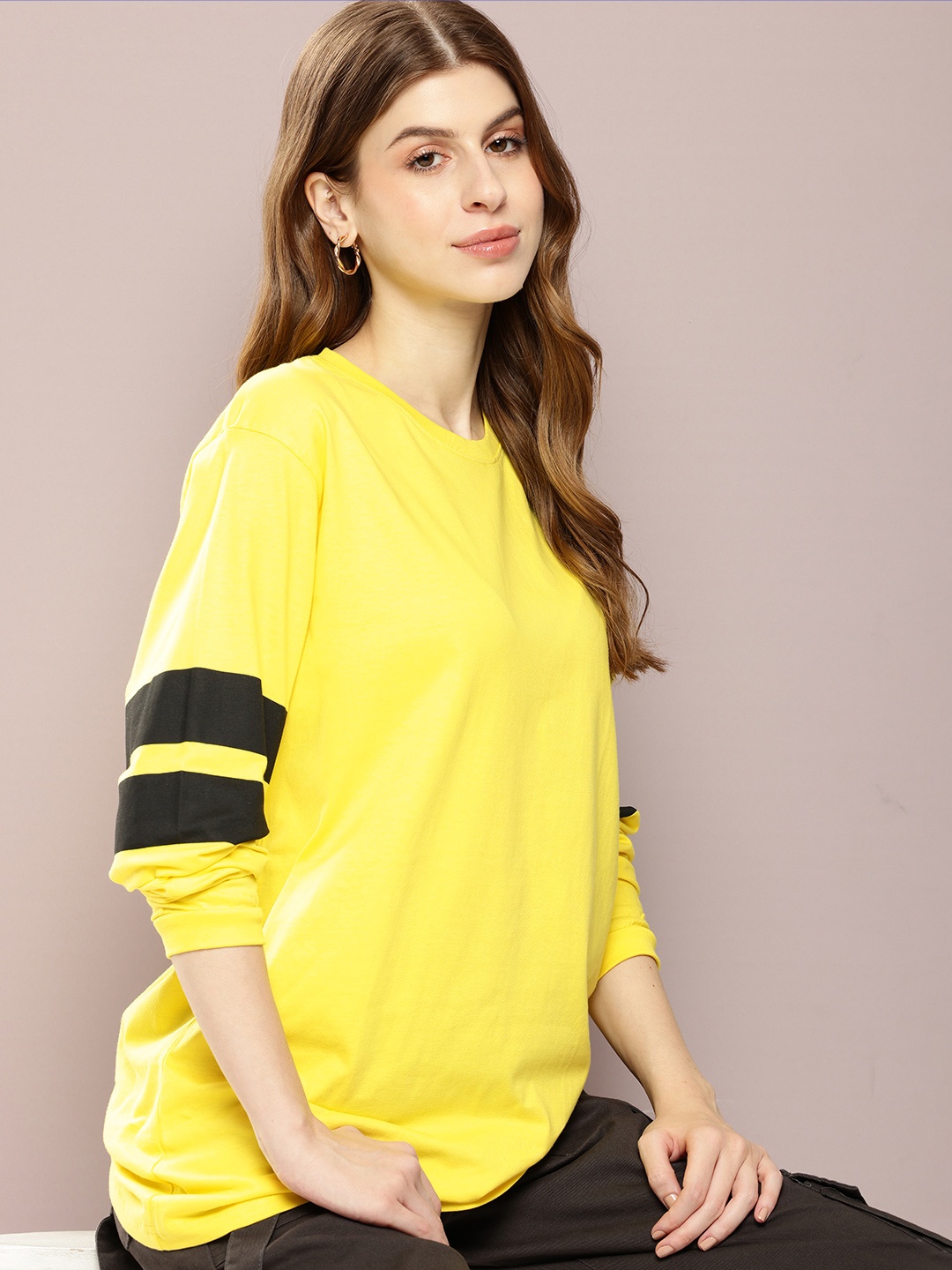 

DILLINGER Striped Drop-Shoulder Sleeves Oversized Pure Cotton T-shirt, Yellow