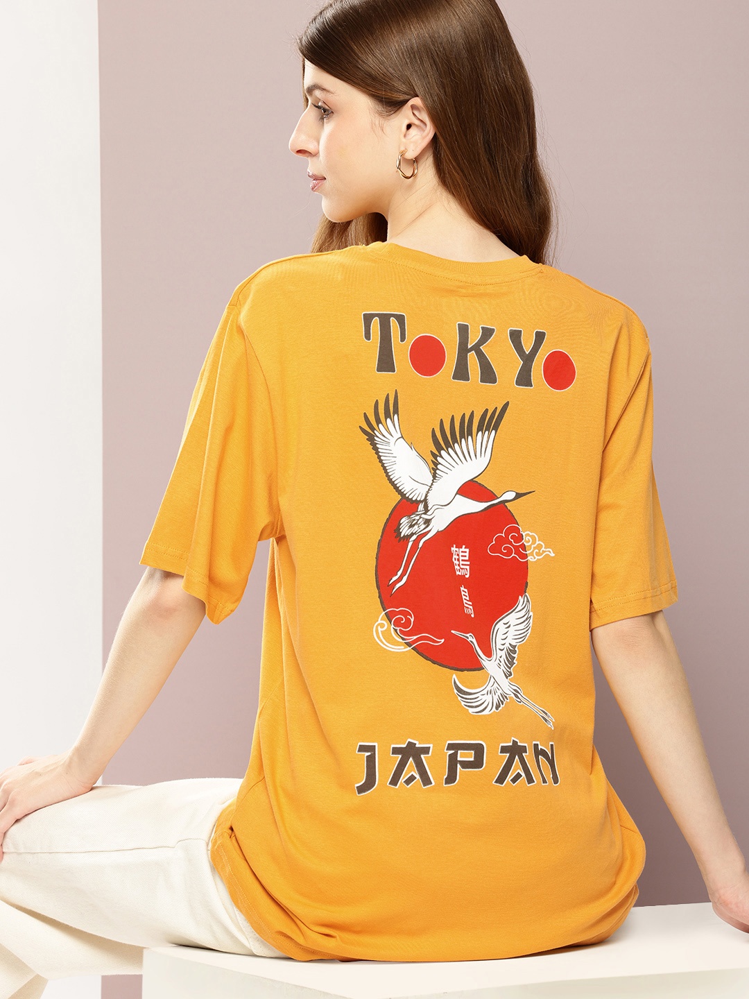 

DILLINGER Printed Oversized Drop-Shoulder Sleeves Pure Cotton T-shirt, Mustard