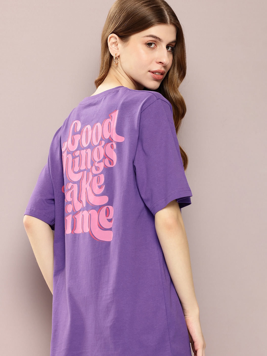 

DILLINGER Printed Oversized Drop-Shoulder Sleeves Pure Cotton T-shirt, Purple