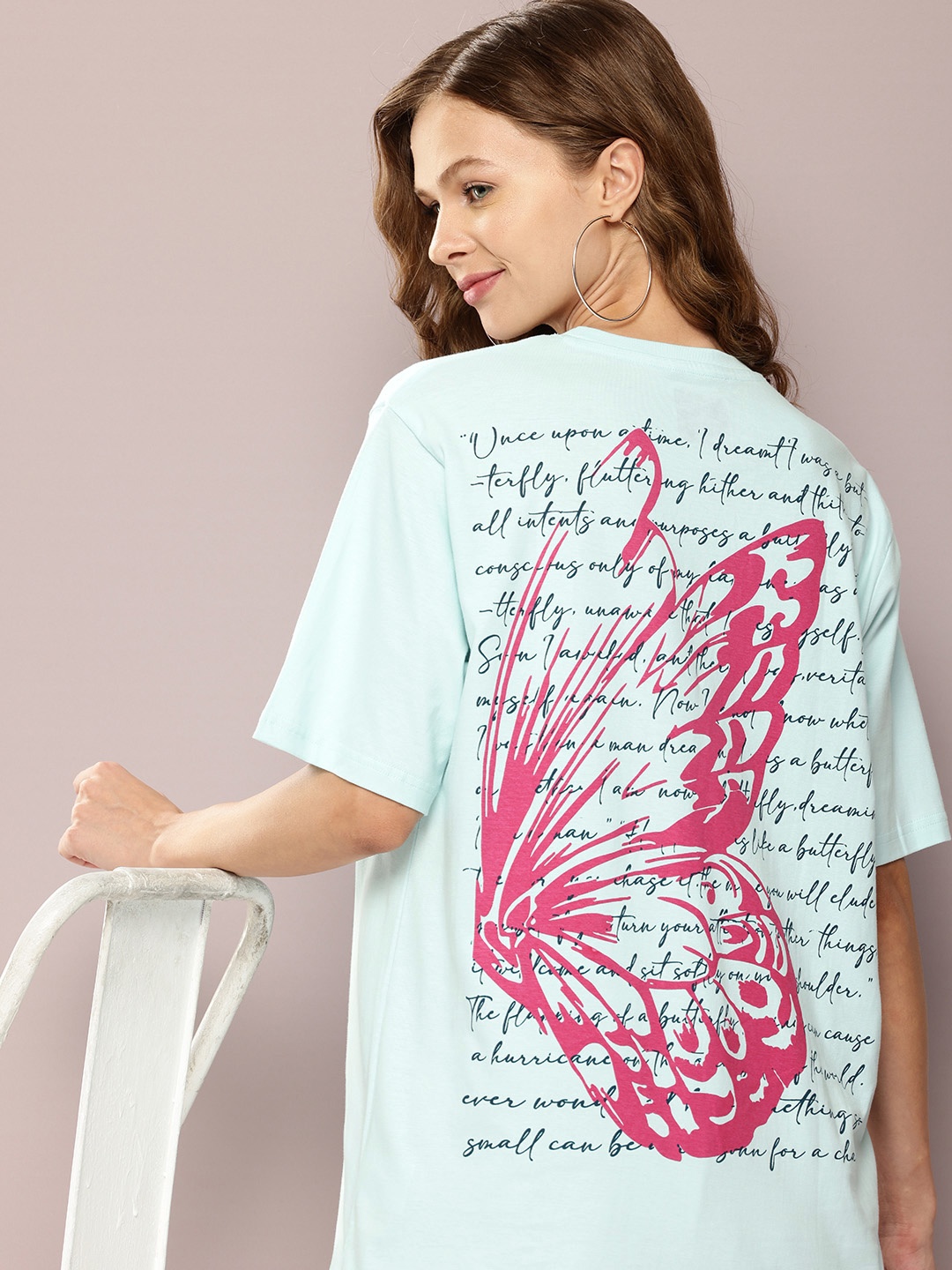 

DILLINGER Printed Oversized Drop-Shoulder Sleeves Pure Cotton T-shirt, Turquoise blue