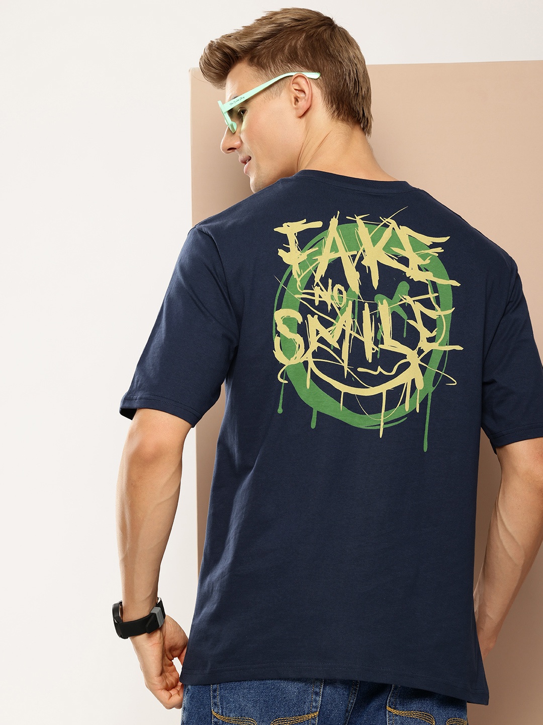 

Difference of Opinion Men Graphic Printed Oversized T-shirt, Navy blue
