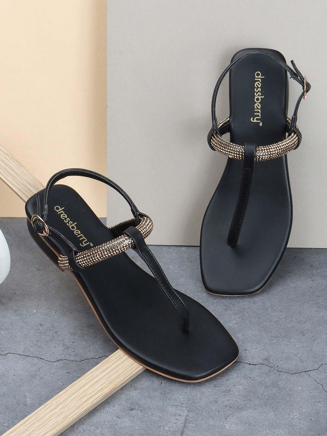 

DressBerry Women Embellished T-Strap Flats, Black