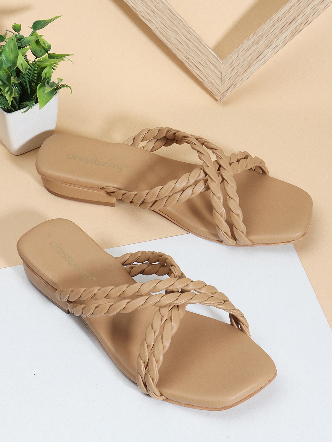 

DressBerry Beige Textured No Back Strap Open Toe Flats