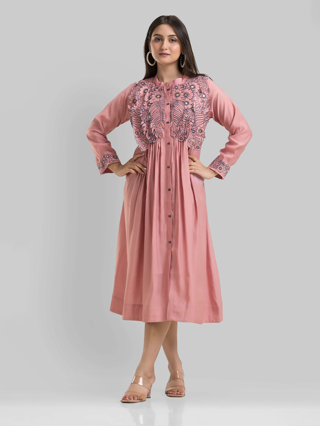 

SACRED SUTA Embroidered Mandarin Collar Cuffed Sleeves Silk A-Line Midi Dress, Pink