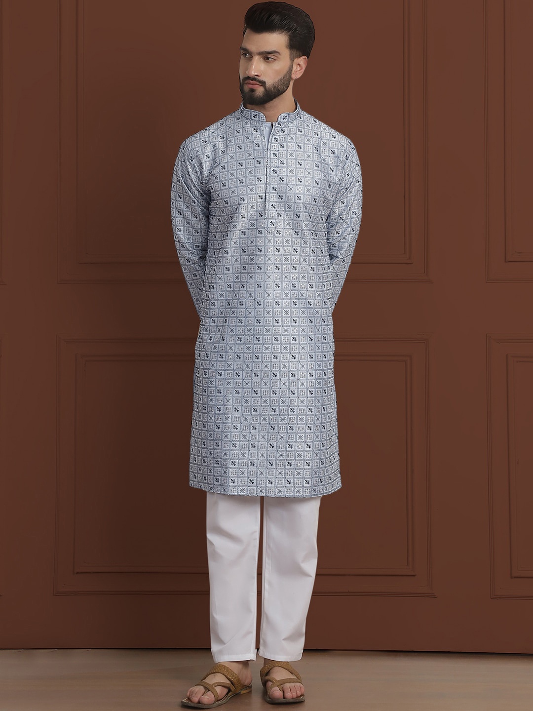 

SOJANYA LUXE Ethnic Motifs Embroidered Mandarin Collar Straight Kurta With Pyjama, Blue