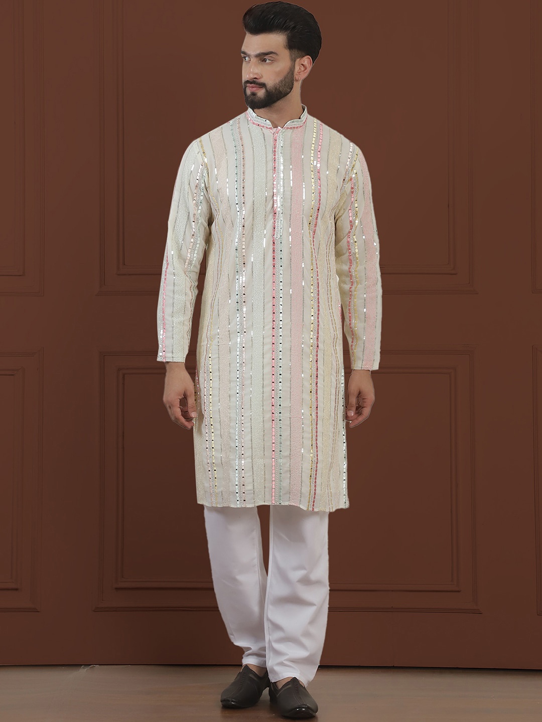 

SOJANYA LUXE Striped Embroidered Mirror Work Straight Kurta With Pyjama, Off white