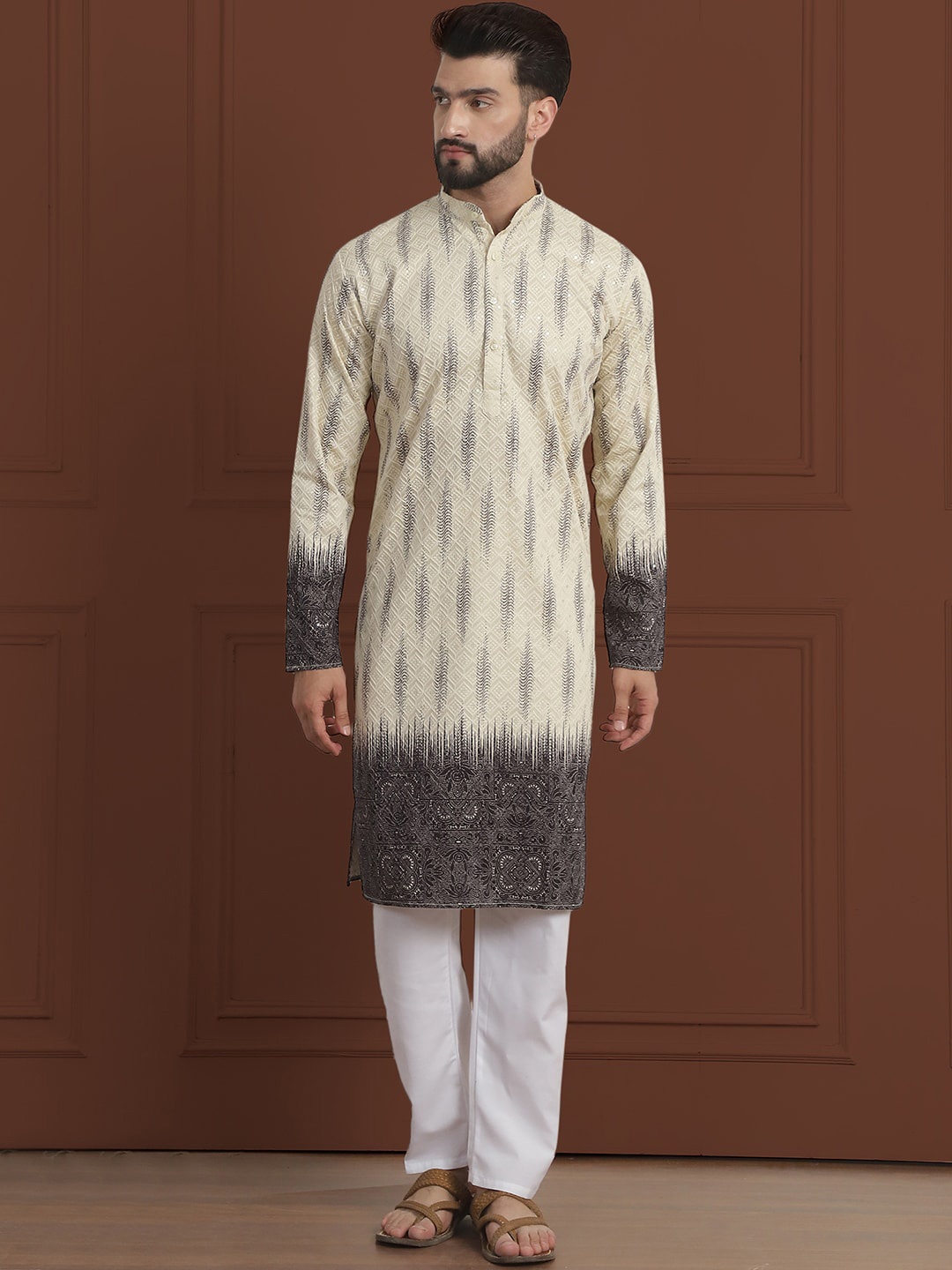 

SOJANYA LUXE Ethnic Motifs Embroidered Mandarin Collar Straight Pure Cotton Kurta & Pyjama, Beige