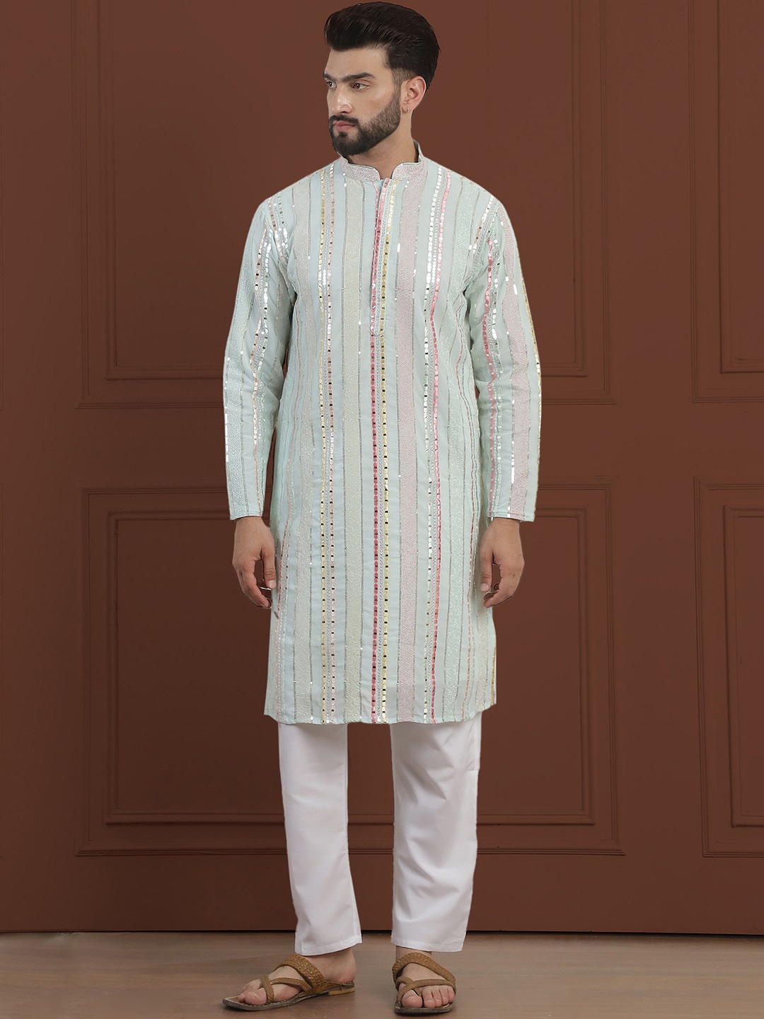 

SOJANYA LUXE Striped Embroidered Mandarin Collar Straight Georgette Kurta & Pyjama, Sea green