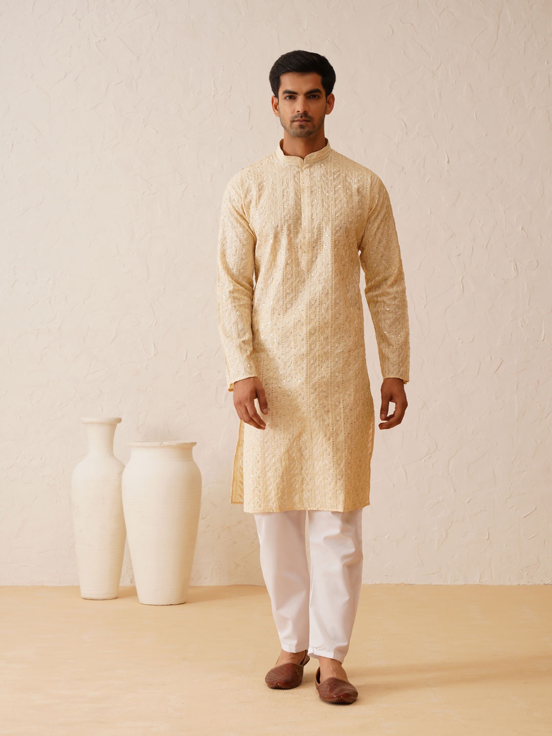 

SOJANYA LUXE Men Floral Embroidered Regular Thread Work Kurta with Pyjamas, Beige
