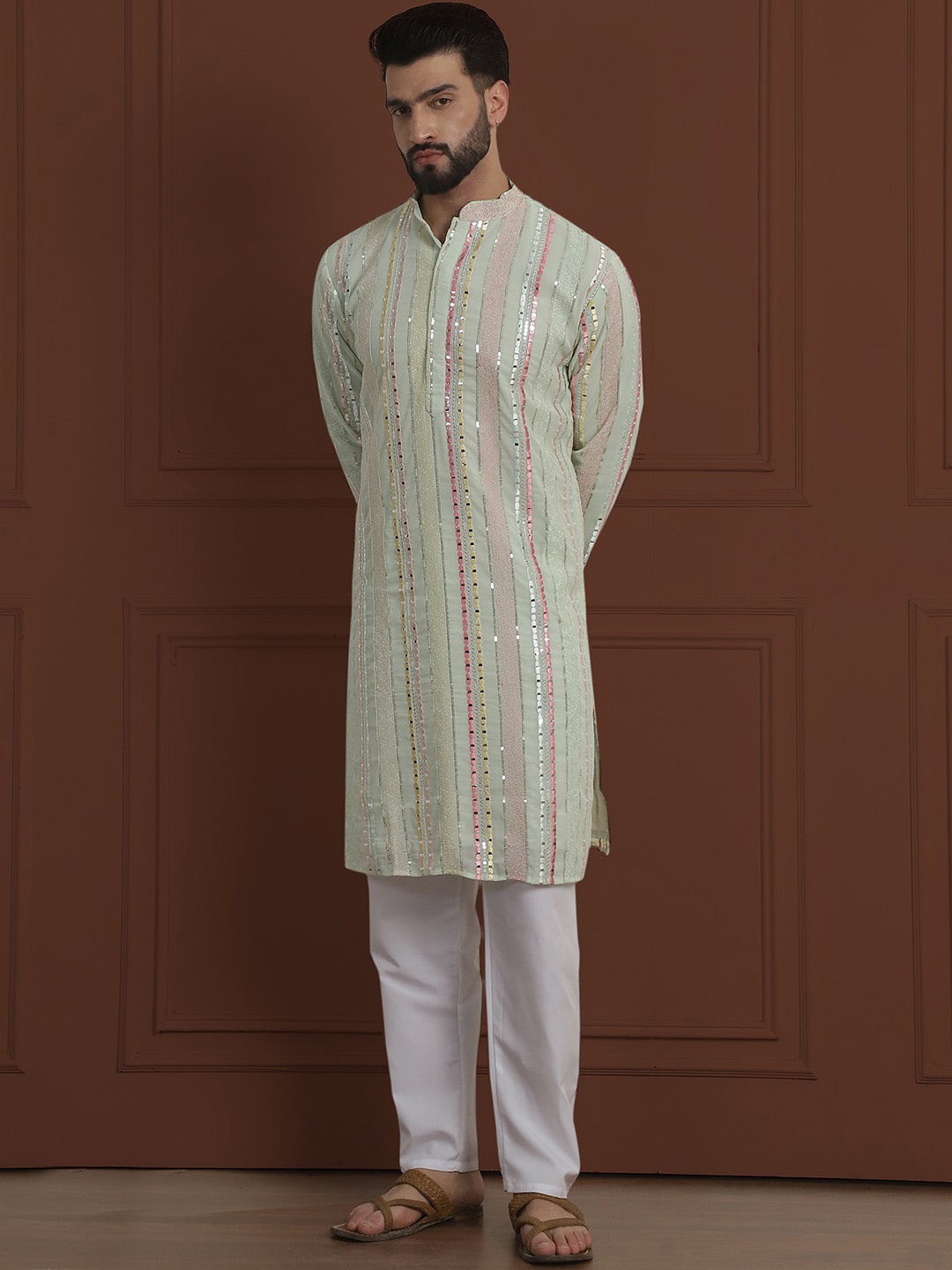 

SOJANYA LUXE Striped Embroidered Mandarin Collar Straight Georgette Kurta & Pyjama, Lime green