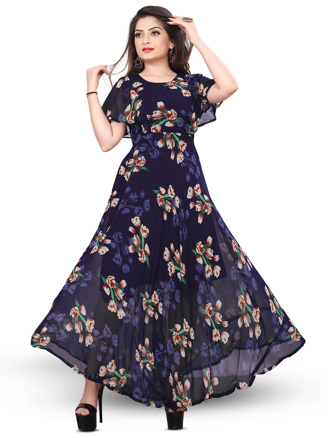 

SWAADHI Floral Printed Georgette Maxi Dress, Blue