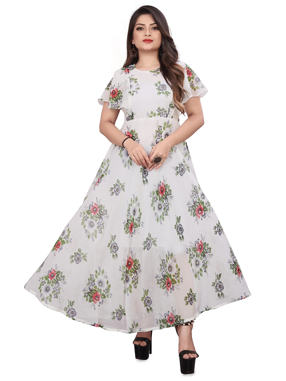 

SWAADHI Floral Printed Georgette Fit & Flare Maxi Dress, White