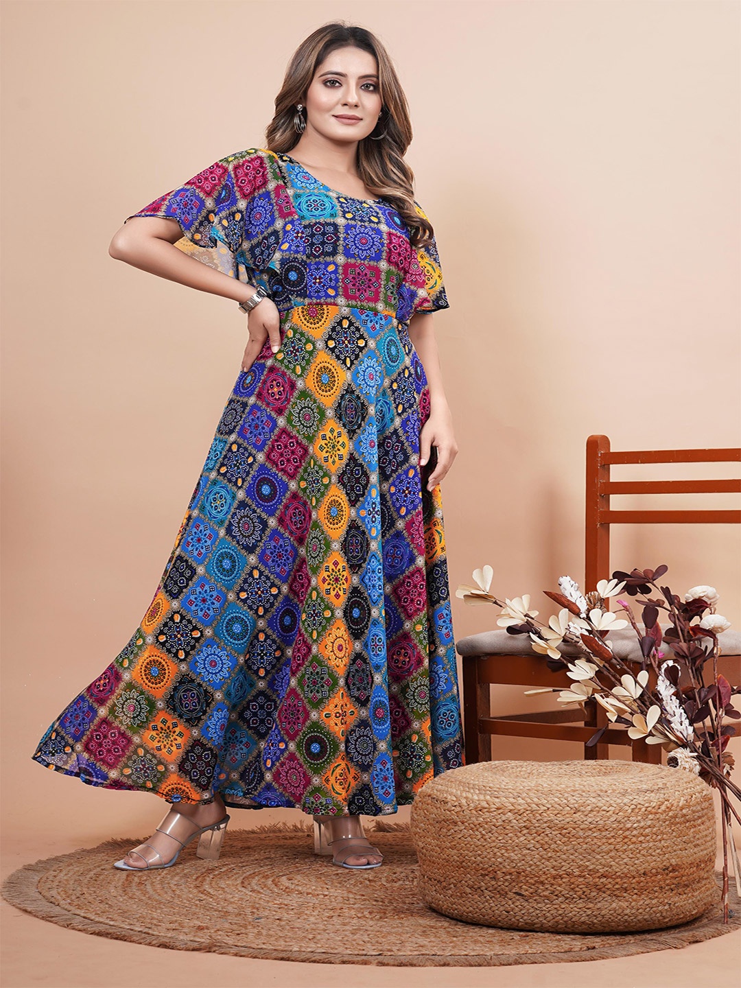 

SWAADHI Round Neck Flared Sleeves Ethnic Motifs Print Georgette Maxi Dress, Multi