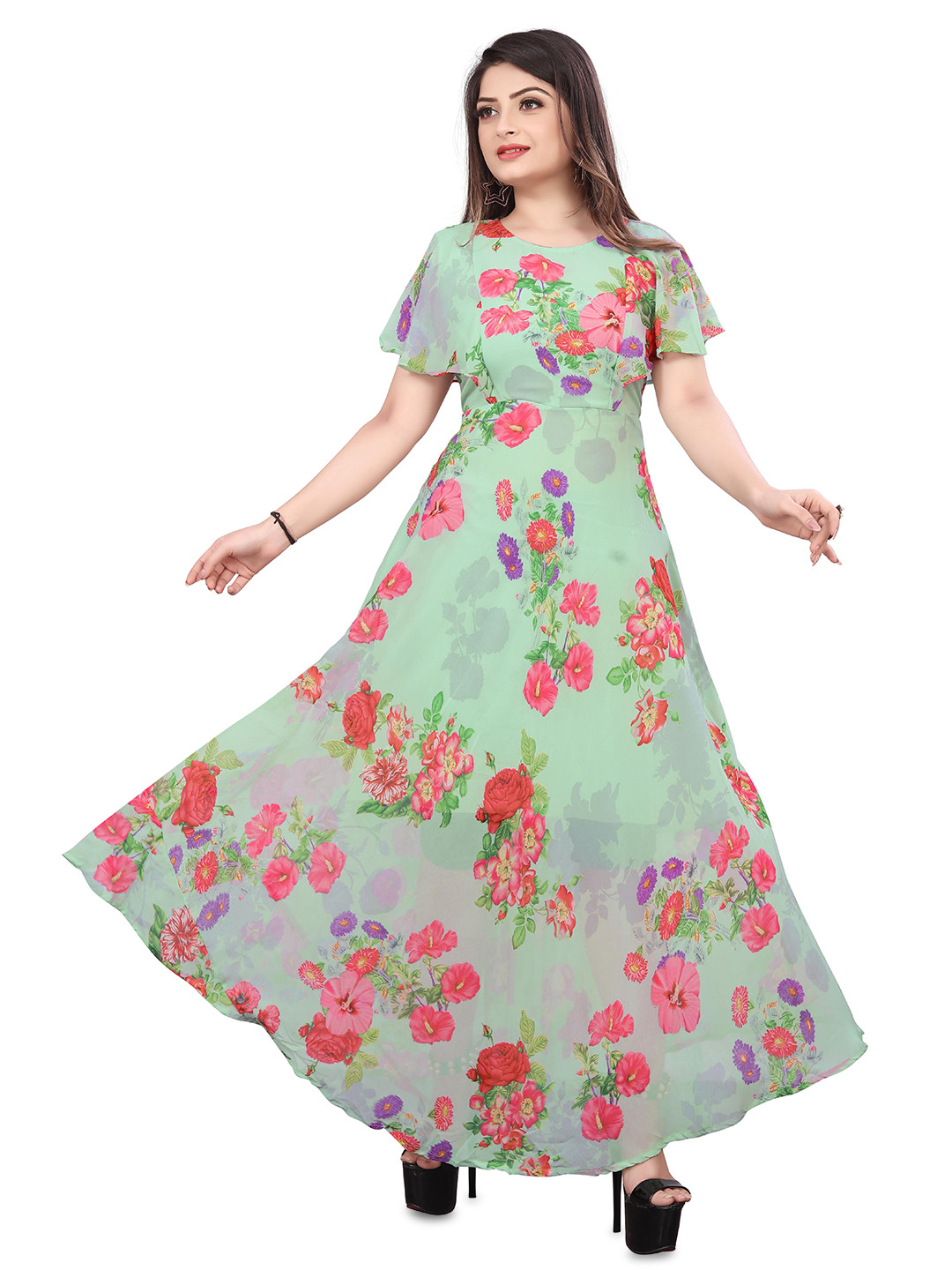 

SWAADHI Round Neck Flared Sleeves Floral Print Georgette Maxi Dress, Lime green