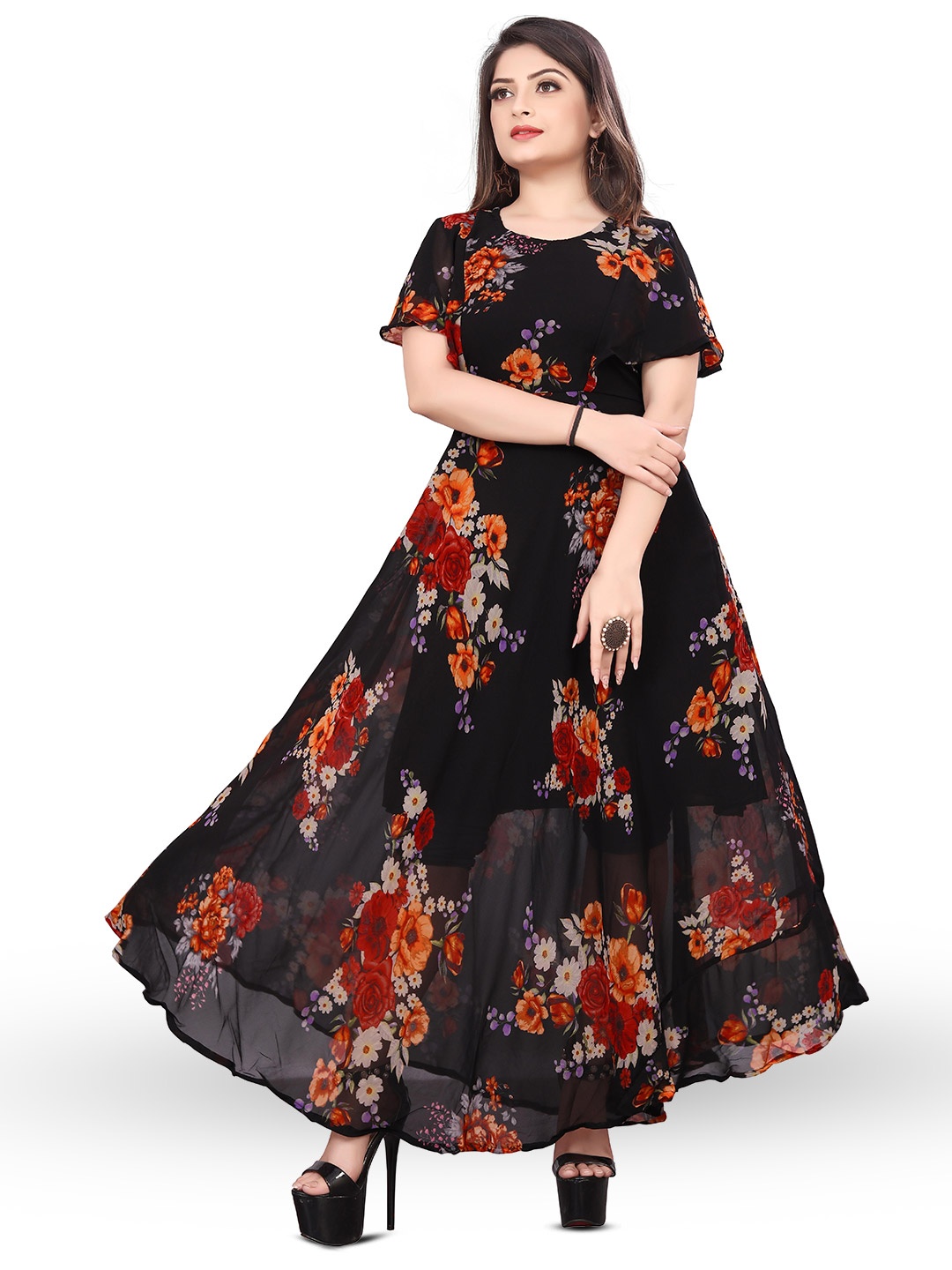 SWAADHI Floral Printed Georgette Maxi Dress, Black