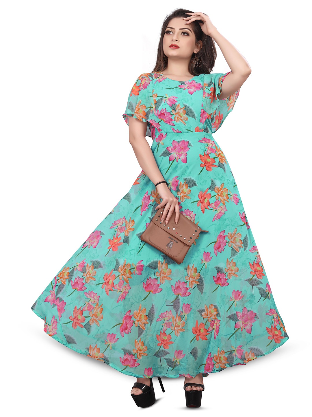 

SWAADHI Floral Printed Flared Sleeves Georgette Maxi Dress, Teal