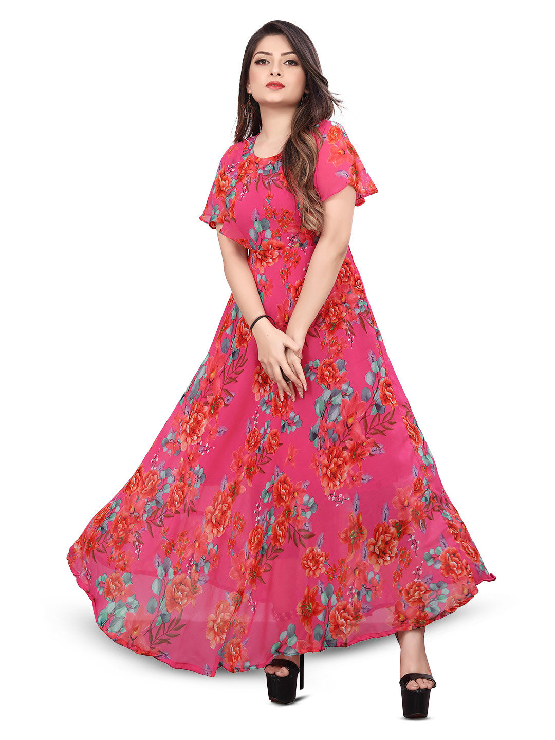 

SWAADHI Round Neck Flared Sleeves Floral Print Georgette Maxi Dress, Pink