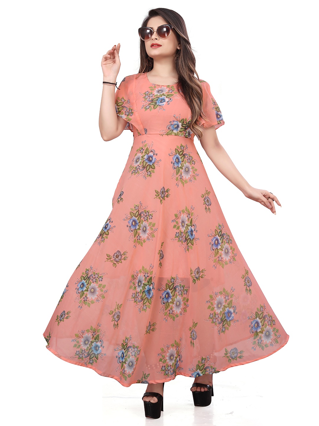 

SWAADHI Round Neck Flared Sleeves Floral Print Georgette Maxi Dress, Cream