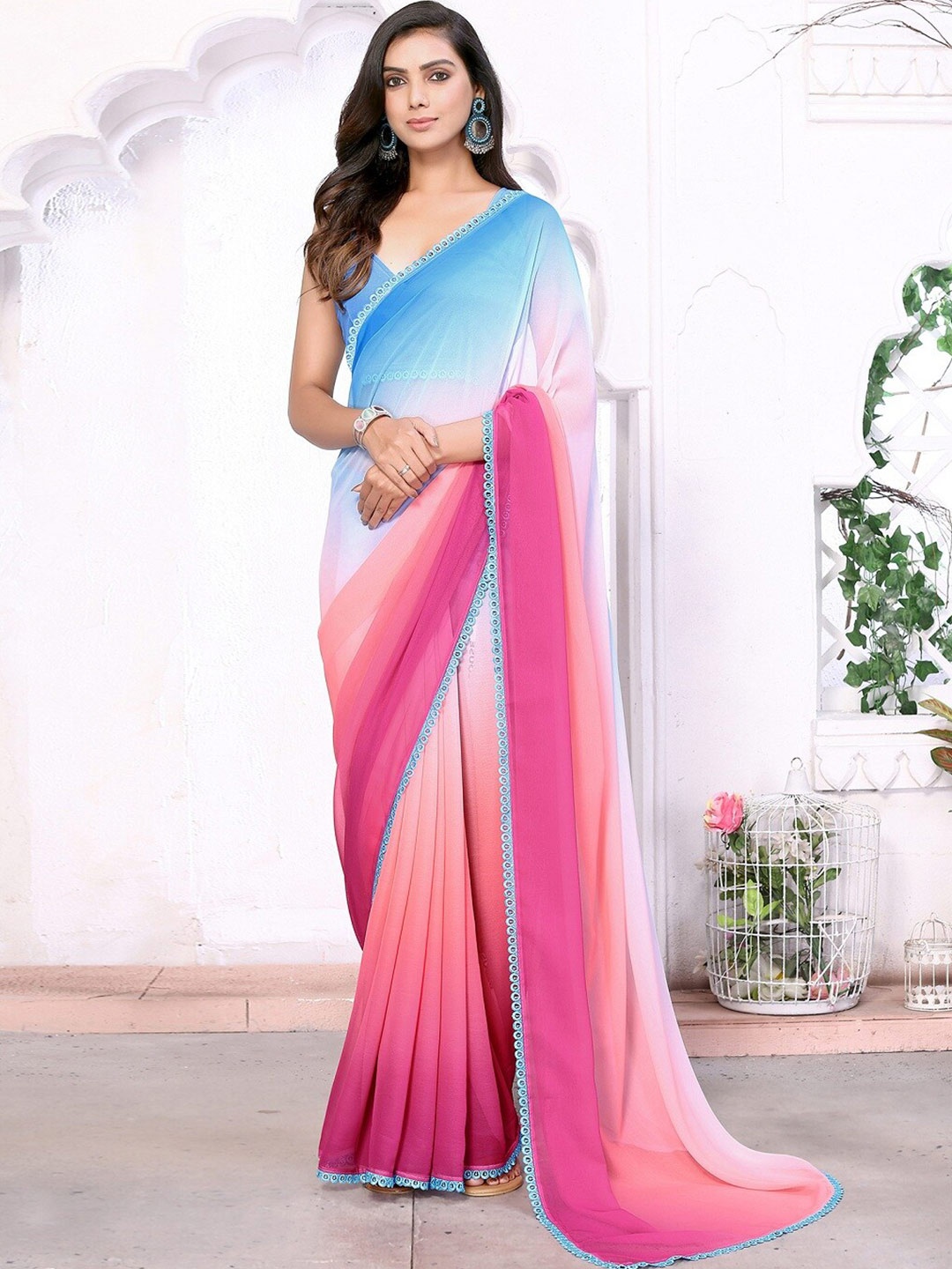 

Supalee Tex Ombre Embroidered Pure Chiffon Saree, Blue