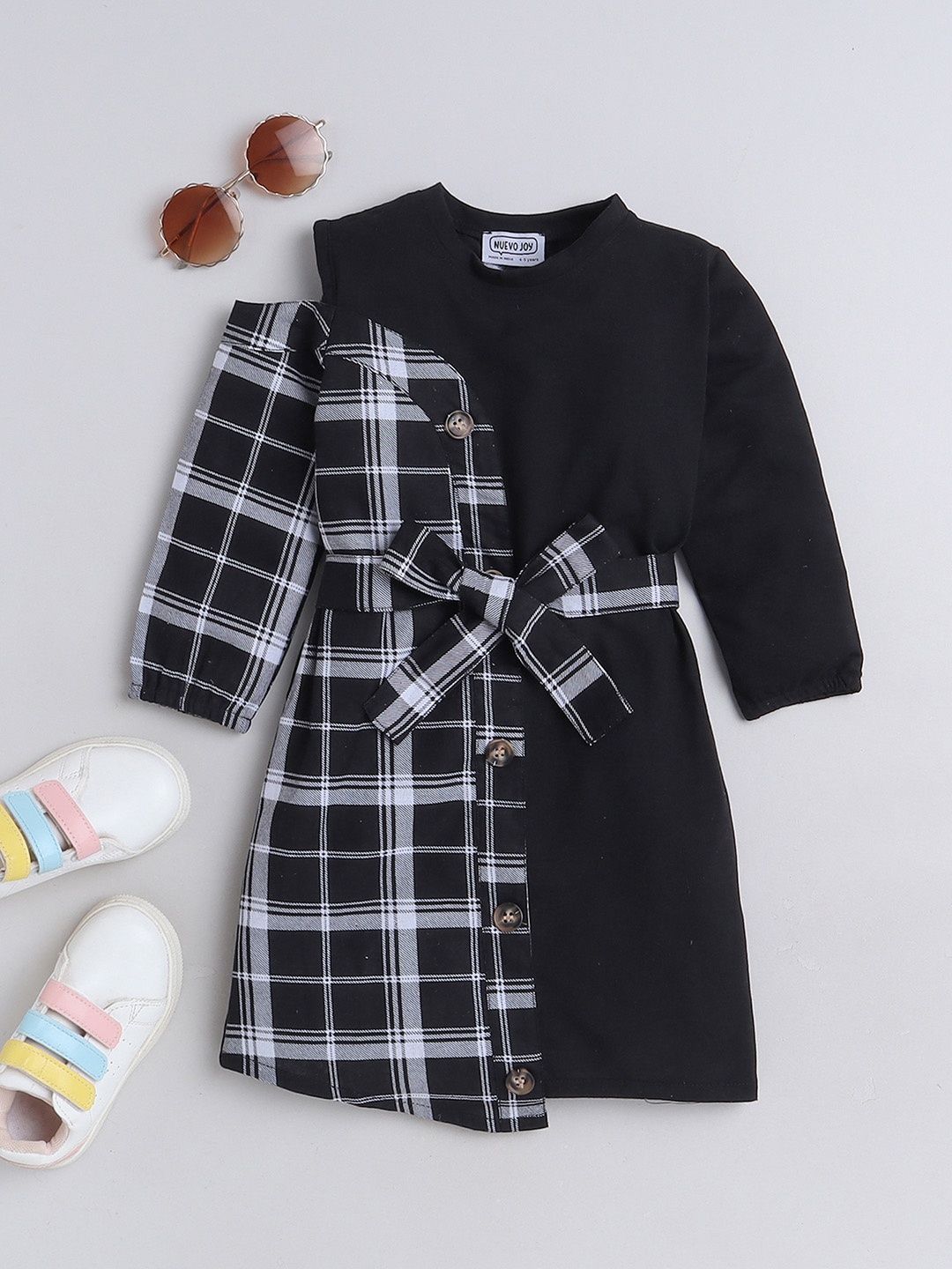 

Nuevo Joy Girls Checked Cotton A-Line Panel Dress, Black